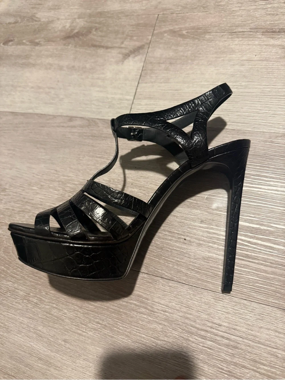 YSL Black Croc-Embossed High Heel Platform Sandal size 40 like new.